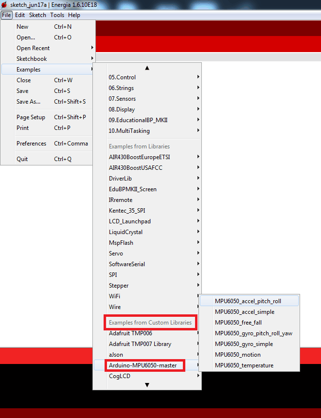 Library Example TI launchpad Energia IDE MSP430