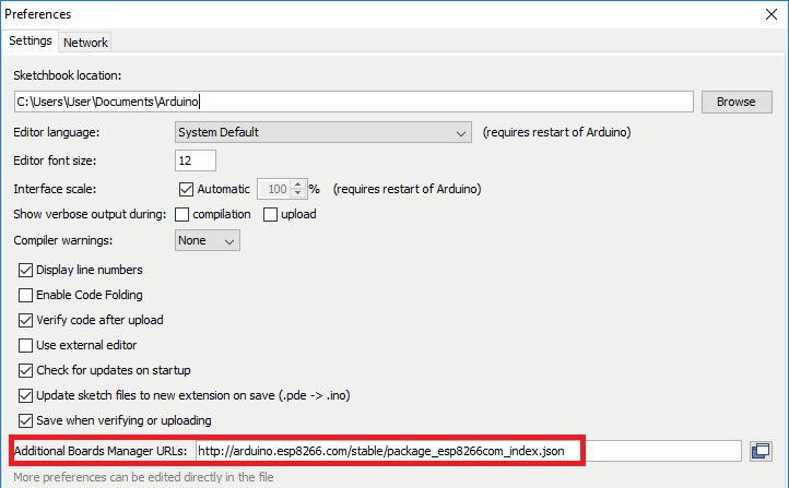 Arduino IDE 首選項窗口