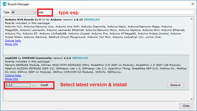 Arduino IDE Board manager window